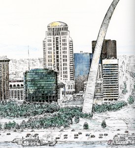 St. Lous riverfront art pen and ink