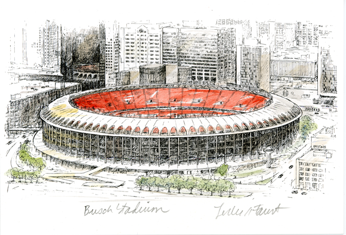 Old Busch Stadium hand colored print